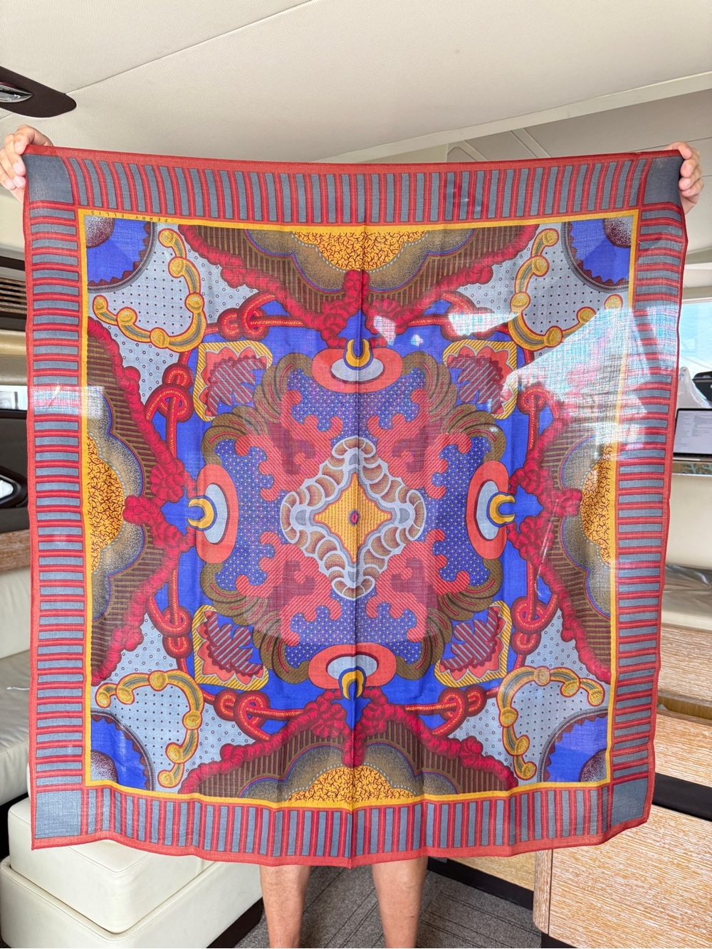 Perry Ellis Multicolor Red Blue Gold Patterned Silk Scarf Vintage 1970’s